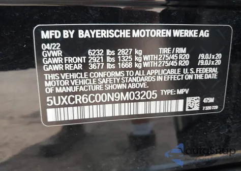 2022 BMW X5 xDrive40I из США, поврежденный, VIN 5UXCR6C00N9M03205